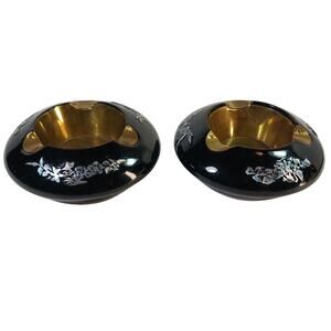 VINTAGE Brass Inlayed Mother of Pearl Black Lacquer Ashtray Asian Bamboo Flowers